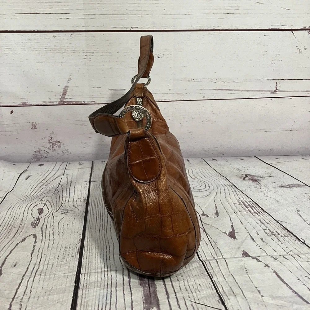 Brighton Cognac Brown Croc Embossed Leather Shoulder Bag Hobo Top‎ Zip